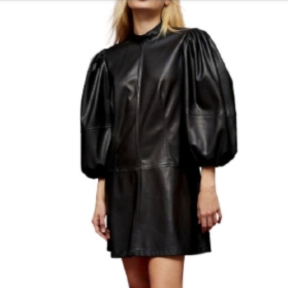 Topshop Black Faux-Leather Drama Sleeve Mini Dress Womens Size 2